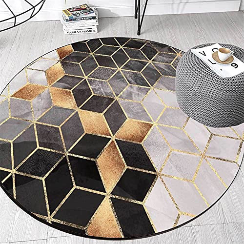 ZIJIAGE Wohnzimmer Teppich, runder Teppich, Moderne einfache schwarz grau Gold Rhombus Bodenmatte, für Schlafzimmer, Bett, Wohnzimmer, dekorative Teppiche,120cm Diameter