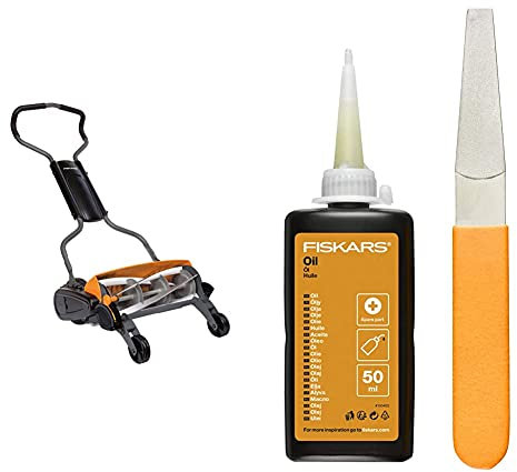 Fiskars Tondeuse à gazon manuelle, Tondeuse à cylindre avec système de coupe sans frottement des lames & Kit d’entretien pour les outils de coupe,Avec lime diamant, flacon d’huile et guide d’entretien