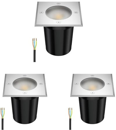 ledscom.de 3 Stück Bodeneinbauleuchte RELI für außen, IP67, edelstahl, gefrostet, eckig, 11 x 11cm inkl. LED Lampe 468lm warmweiß