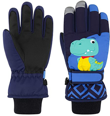 QKURT Guanti da Sci per Bambini, Guanti da Neve Impermeabili Invernali, Muffole da Sci per Dinosauri, Muffole da Neve per Bambini da Slitta da Snowboard per Ragazze Ragazzi Età 2-13