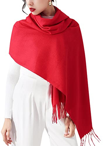 Donna Sciarpa Tessuta con Frange in Imitazione Cashmere Scialle Lungo Shawl Largo Elegante Moda Caldo per l'autunno Inverno Simple Basic 70×180cm - Rosso Tinta Unita