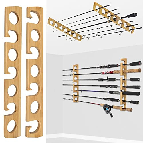 THKFISH Porta Canne da Pesca da Muro Portacanne da Pesca per Garage in Legno Bastone da Pesca Wall Rack Store 7 combo di canne da pesca, 1 coppia Orizzontali