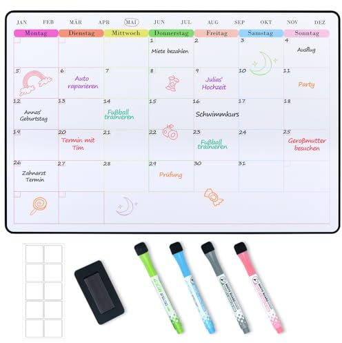 POPRUN Abwischbar Magnetisch Monatsplaner/Wochenplaner Whiteboard Magnettafel Kühlschrank, Familienplaner,Planungstafel,Monatskalender,Memoboard,Terminplaner 42 x 28 cm wiederverwendbar auf Deutsch