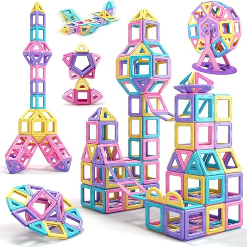 Purpledi 60pcs Jeu Bloc de Construction Magnétique Enfant, Construction Magnétiques Enfants Educatif Jeux Cadeaux, Cadeaux d'anniversaire de Noël Jouet pour Fille Garcon Enfants 3 4 5 6 7 Ans