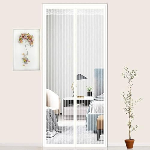 Magnetic Fly Insect Screen Door, Mesh Curtain Anti Mosquito Fly Curtain Door Screens Nets, Bug Mesh Curtain with Magic Tape, Top-to-Bottom Seal Snaps Shuts Automatically, White