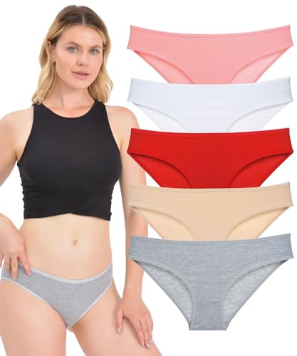 LadyMelex 5-pack och 7 bomullstrosor för kvinnor (M, L, XL, 2XL) för daglig användning, 5 stycken (grå, vit, röd, lax, beige), XL