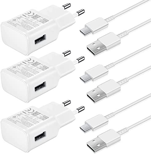 3Pack USB Caricatore per Samsung A52,A52S,A53,A33,S21,S20 FE,S10, S9,S8 Plus,Z Flip3,Z Fold3,M53 5G,e altri smartphone Android, Caricabatterie AFC Sostituzione Originale con Cavo Tipo-c 150cm - Bianco