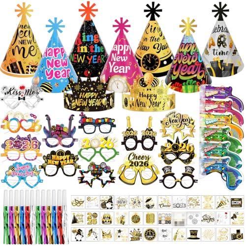 DPKOW 77pcs 2026 Capodanno Gadget Accessori Multicolore, 2026 Capodanno Occhiali Cappelli 2026 Capodanno Tatuaggi Colorati Sparacoriandoli Trombette Festa per 2026 Capodanno Bomboniera Cotillon Kit