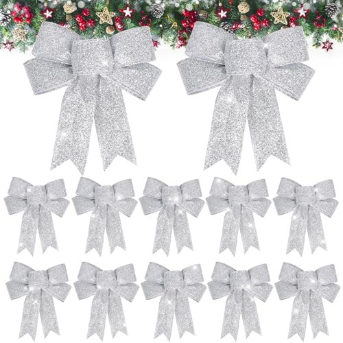 HO2NLE 12 Stück Weihnachtsbaumschleifen, Weihnachtsschleifen, glitzernde Weihnachtsschleifen für Partys, Bankette, Weihnachtsbaumschmuck (Silber)