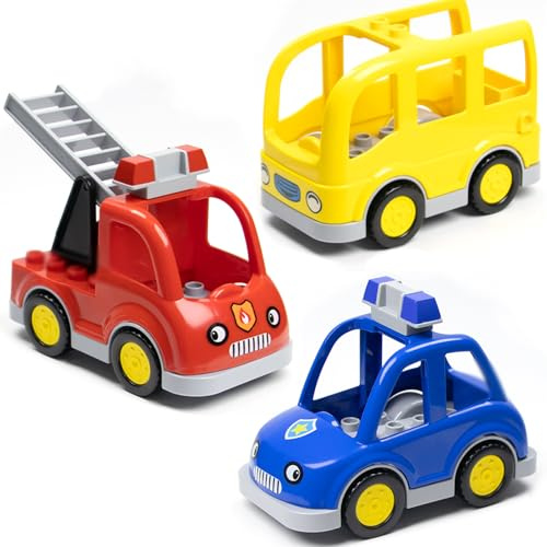 Mirthben 4 stycken fordonsbyggstenar set, stora byggstenar tillbehör med brandbil, polisbil, skolbuss och motorcykel, kompatibel med DUPLO stenar, stora byggstenar leksaker för barn från 3 år