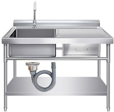Évier de Services publics Simples surbout Évier de Cuisine en Acier Inoxydable Évier de Services publics extérieurs avec tiroir Évier en Acier Inoxydable avec Robinet de Pipe à Eau Froide et Chaude
