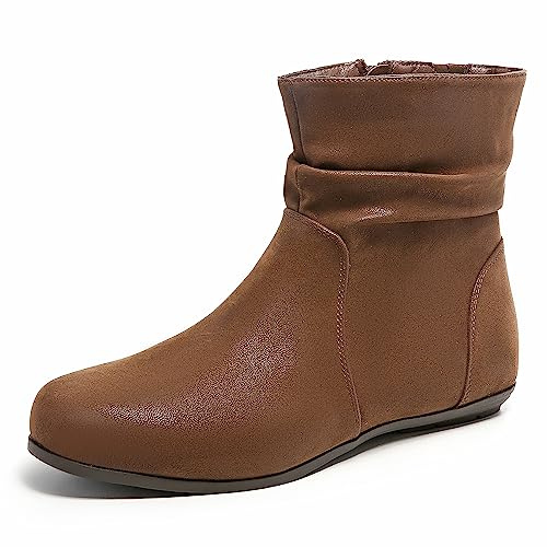 Luoika Women's Wide Width Ankle Booties Flat Heel Classic Winter Boots. BrownPU 180706 8.5w