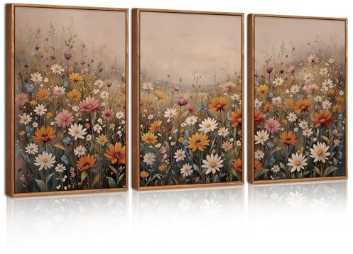 CHDITB 3 Stück Blumen Leinwand Wandkunst,Vintage Blumen Bilder mit Rahmen,Bunte Wildblumen Kunstdruck Poster Deko,Pflanzen Botanische Wanddekoration Wohnzimmer Schlafzimmer Zuhause Büro,30x40cm