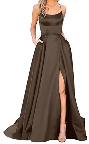2025 Vestidos de fiesta largos para mujer elegante cuello halter sin espalda vestidos largos Crisn satén espaguetis fiesta vestido de noche abertura lateral boda fiesta de noche vestido con bolsillos