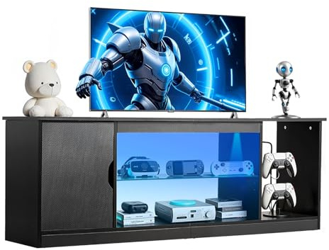 VEVOR Meuble TV pour Télévision Jusqu’à 165 cm, Banc TV Moderne en Bois, Centre de Divertissement avec Bande Lumineuse, Étagères en Verre et Réglables, Rangement pour Salon, Salle Multimédia, Noir