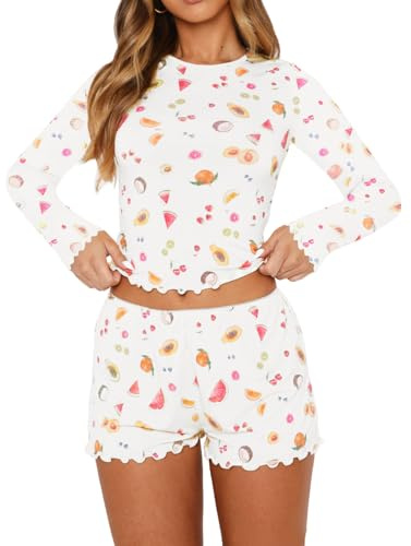BONITEE Womens Pyjamas Sets 2026 Fall Casual Lounge Tops Shorts 2 Piece Set Trendy PJs Outfits Cute Clothes White-Fruits,M