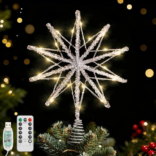 Lewondr Stella Cima Per Albero Di Natale 20 LED, 13.8 Pollice Stella A 10 Punte In Resina Lucente, Cima Alimentata A USB E Telecomando Per Decorazione Albero Di Natale, Timer 6H & 8 Modalità, Argento