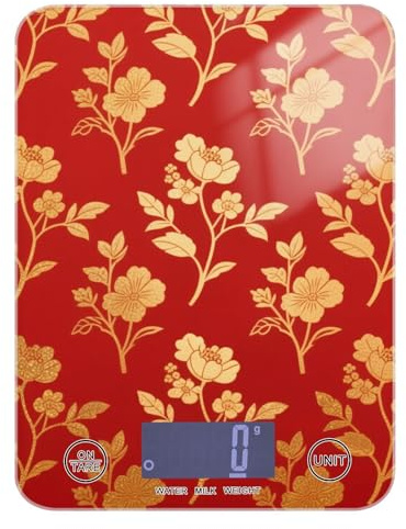 Pesa para para - Mini bilancia da cucina con display LCD, 5 kg/5 g, fiori rossi e oro retrò, bilancia da cucina per uso domestico, con 4 unità per fare sapone e cuocere (batterie non incluse)