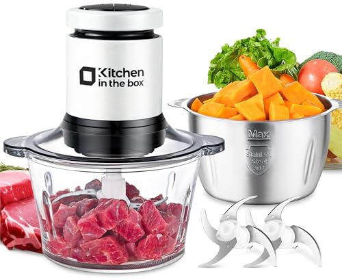 Kitchen in the Box Tritacarne elettrico 400 W, tritacarne con 2 ciotole (vetro 2L + acciaio inox 2L), 2 lame bilivello, frullatore tritacarne, verdure, cipolle, frutta, bianco