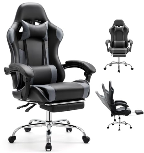 DUMOS Ergonomic Gaming Office Desk Chair with Footrest and Headrest for Adults, PU Leather Video Computer Chair with Linkage Armrests, Height Adjustable 360° Swivel Recling Chair, Black Grey