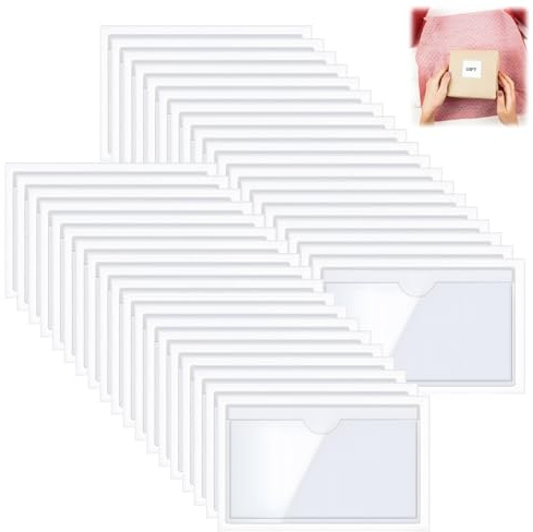 40 Pcs Self Adhesive Label Holders, Clear Plastic Card Sleeves for Business Cards Index Cards Shelf Tags Storage Bins Drawers Classroom Filing, Transparent Self Adhesive Clear Pockets 6 x 10cm