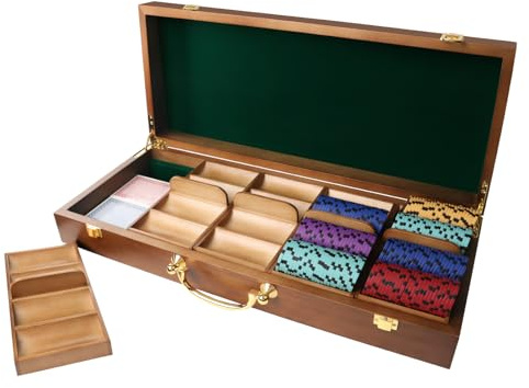 GSE Games & Sports Expert Wooden Poker Chip Case with 5 Poker Chip Trays, Holds 500 Chips, Casino Grade Chips Holder for Poker Chips (Walnut)