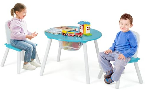 COSTWAY Kindertisch mit 2 Stühlen, 3 TLG. Kindersitzgruppe aus Holz, Kindersitzgarnitur mit Abnehmbarer Tischdeckel & Aufbewahrungsbeutel, Kindermöbel-Set stapelbar für Jungen Mädchen (Grün)
