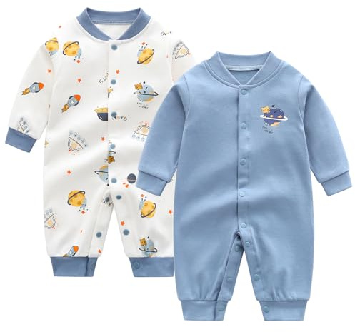Egaivtya Newborn Baby Boys 2 Pack Cotton Romper Outfits Infant Long Sleeve One-Piece Toddler Button Jumpsuits, Blue Set, 0-3M