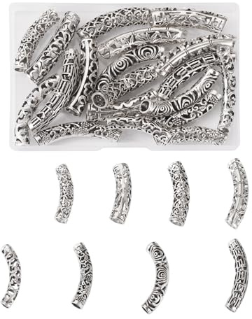 KISSITTY 18pcs/Box Curved Hair Tube Beads Large Hole Tibetan Style Antique Silver Hollow Column Spacer Beads for Men Women Hair Braiding DIY Jewelry Making Crafting with Hole 5-7.5mm
