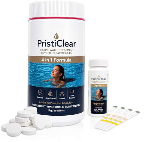 PristiClear Chlorine Pool Cleaning Kit - 1kg Multifunction 4-in-1 Chlorine Tablets for Swimming Pools, Hot Tubs & Spa - Pool Water Treatment Kit with 100 Test Strips - 50 Tablets