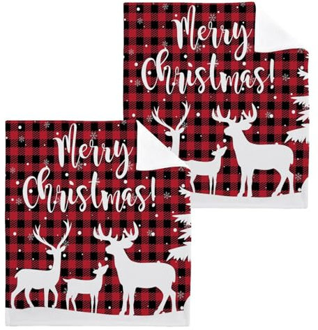 ISAOA Waschlappen Handtuch für Badezimmer, Spa, Hotel, Fitnessstudio, Weihnachtsbaum, Hirsch bei Büffel, kariert, Baumwolle, Gästetücher, Waschlappen, saugfähig, schnell trocknend, 4 Stück