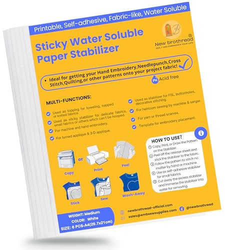 New brothread 6PCS A4 (29.7x21cm) Estabilizador de bordado Autoadhesivo soluble en agua Papel de bordar imprimible - Peso Medio - Adecuado para imprimir o dibujar patrones, bordar a mano y a máquina