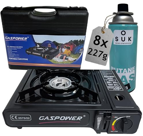 SOUK ONE Campingkocher Premium Gaskocher Outdoor mit Tragekoffer Notfallausrüstung Stromausfall/Camping (Campingkoffer inkl 8x Gas 227g)