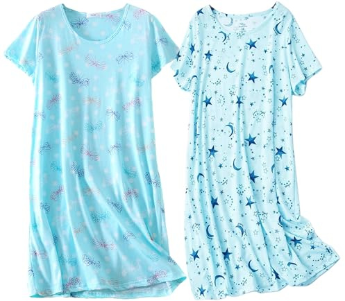 BERDITH 2 Pack Nighties for Women Nightdress Ladies Cotton Blend Nightie Soft Night Dress Womens T Shirt Nightdresses Summer Plus Size Nightwear Sleep & Lounge UK 18-20 Butterfly Mum Mummy