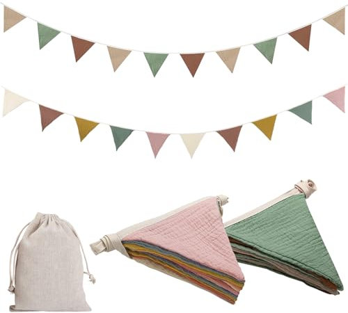 BURGEON 2 Stück Wimpelkette Kinderzimmer, Stoff Mit Jutesäckchen, Babyzimmer Deko Für Mädchen & Jungen, Musselin Baumwolle Für Hausbett, Babybett, Wanddeko Geschenk, 2.6M