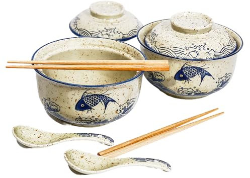Ceraozmus Ceramic Ramen Bowl Set, 800ml with Lid, Spoon and Chopsticks, Japanese Vintage Large Soup Bowls Instant Noodle Bowl Asian Tableware (Fisch*2)