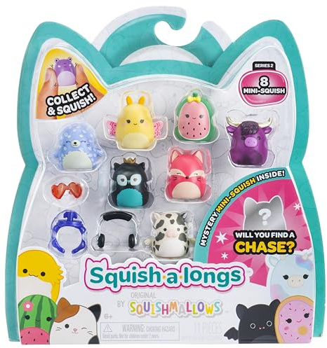 Squish-a-longs Lot de 8 Mini-Squish de 2,5 cm (Style 4 - W2) - avec (2) Accessoires, (1) Anneau et Un Guide de Collection - Collectionnez, échangez et jouez