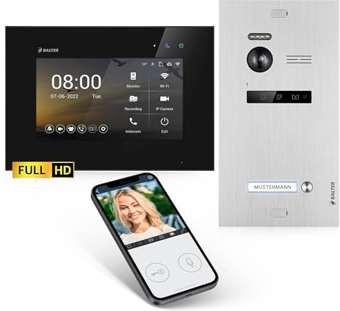 Balter EVO-HD Video Türsprechanlage, Video Türklingel, Smartphone App, 1 Familienhaus Klingel, 7 Zoll HD-Monitore, Full HD-Kamera, 2 Draht Bus, Gegensprechanlage mit 175° Weitwinkel