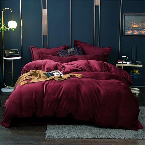Covebett Winter Warme Bettwäsche 135x200 Rot Burgunderrot Flanell Cashmere Touch Plüsch Winterbettwäsche 2teilig, 1 Flauschig Coral Fleece Bettbezug mit Reißverschluss und 1 Kissenbezug 80x80