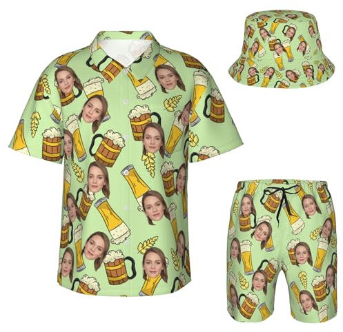 Conjunto hawaiano personalizado con cara, camisa hawaiana divertida personalizada, camisetas personalizadas, pantalones cortos y sombrero de pescador, regalos personalizados para hombres y mujeres.