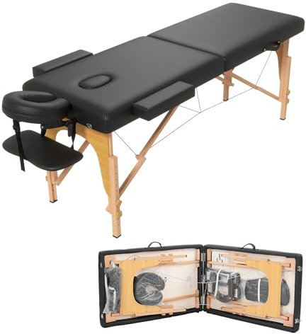 HENGJIANYI Massage Table, Portable 2 Section Foldable Tattoo Bed, Height Adjustable Lash Spa Bed with Face Cradle, Home Light Weight Facial Salon Bed with Wood Frame, Black