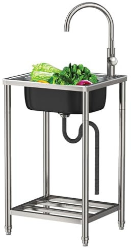Spülbecken Edelstahl Freistehender Outdoor-Spüle Küchenspüle Waschbecken ausgussbecken Mobiles Spültisch mit Wasserhahn,für Bepflanzung von Blumenkästen und Töpfen, Gartengeräte-Reinigung (38x33x82cm)