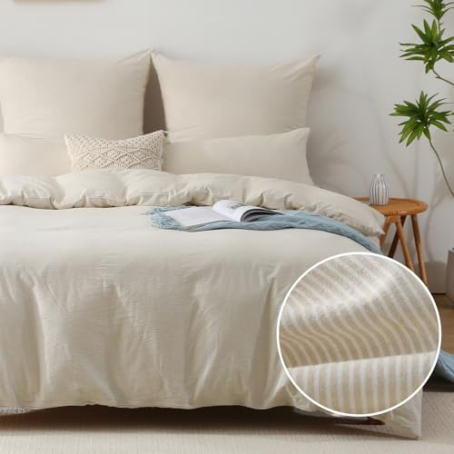 SOULFUL Housse de Couette 220x240 Coton Rayures, Beige Linge de Lit avec Fermeture Éclair, 100% Coton Lavé, Certifié Oeko-TEX, Parure de Lit 220x240 Adulte Coton avec 2 Taie d'oreiller 65x65 cm