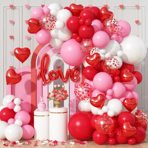 Alla hjärtans dag ballong girlang båge-kit, röda rosa vita ballonger med folie kärlek för att föreslå äktenskap möhippa förlovningsjubileum bröllopsfest tillbehör