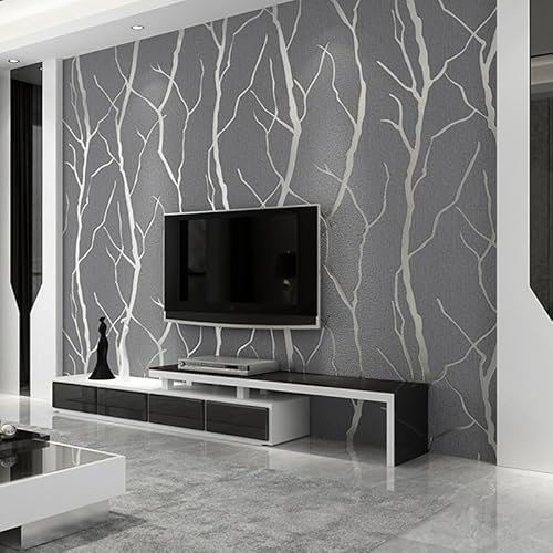 Snewvie Silver Grey Wallpaper 3D Embossed Tree Branch Glitter Textured Wallpaper Modern Minimalist Striped Feature Wall Paper for Bedroom Living Room TV Backdrop Hallway
