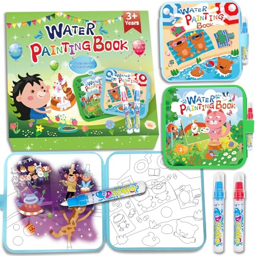 Elfew Water Painting Book for Toddlers 1-3,Mess Free Coloring for Toddlers,2 Pack Reusable Water Coloring Books with Water Pens,Magic Doodle Books