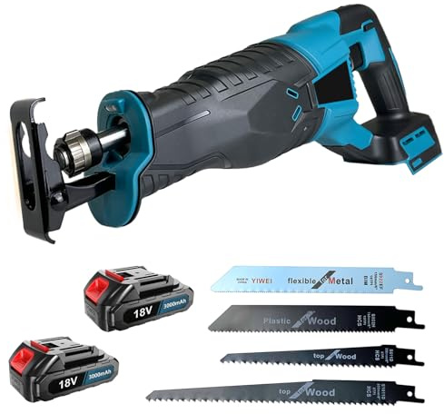 JUTOSGSKW Scie sabre professionnelle, sans fil, scie récipro électrique, 3500 spm, avec 4 lames de scie et batterie 2 x 3000 mAh pour bois et aluminium