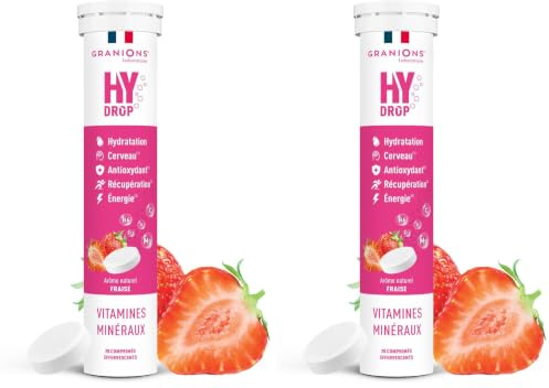 GRANIONS HYDROP - Pastilles Hydratation - Fraise - SANS SUCRES - Fabriqué en France - Electrolytes Hydratation - Vitamines, Minéraux, Magnesium - 20 Pastilles Effervescentes (Lot de 2)