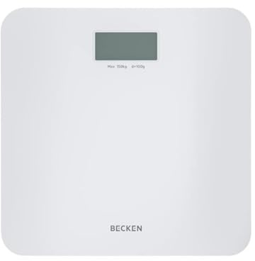 Becken Báscula de Baño Digital - Báscula Inteligente - Pantalla de Cristal - Capacidad máxima: 150 kg - Color: Blanco. Medidas:50 x 50 x 28 cm