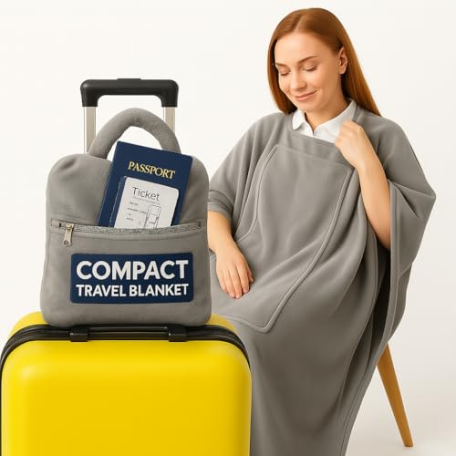 Flexicomfort Manta de Viaje – Cobija de avión compacta portátil – Bolsillos Dobles con Cremallera para Almacenamiento – Manta Suave, Ligera, Plegable y acogedora para Viajes, Coche – Fácil de